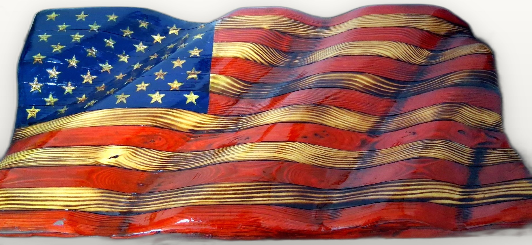 Hand-carved 3D draped wood flag with charred, torched edges