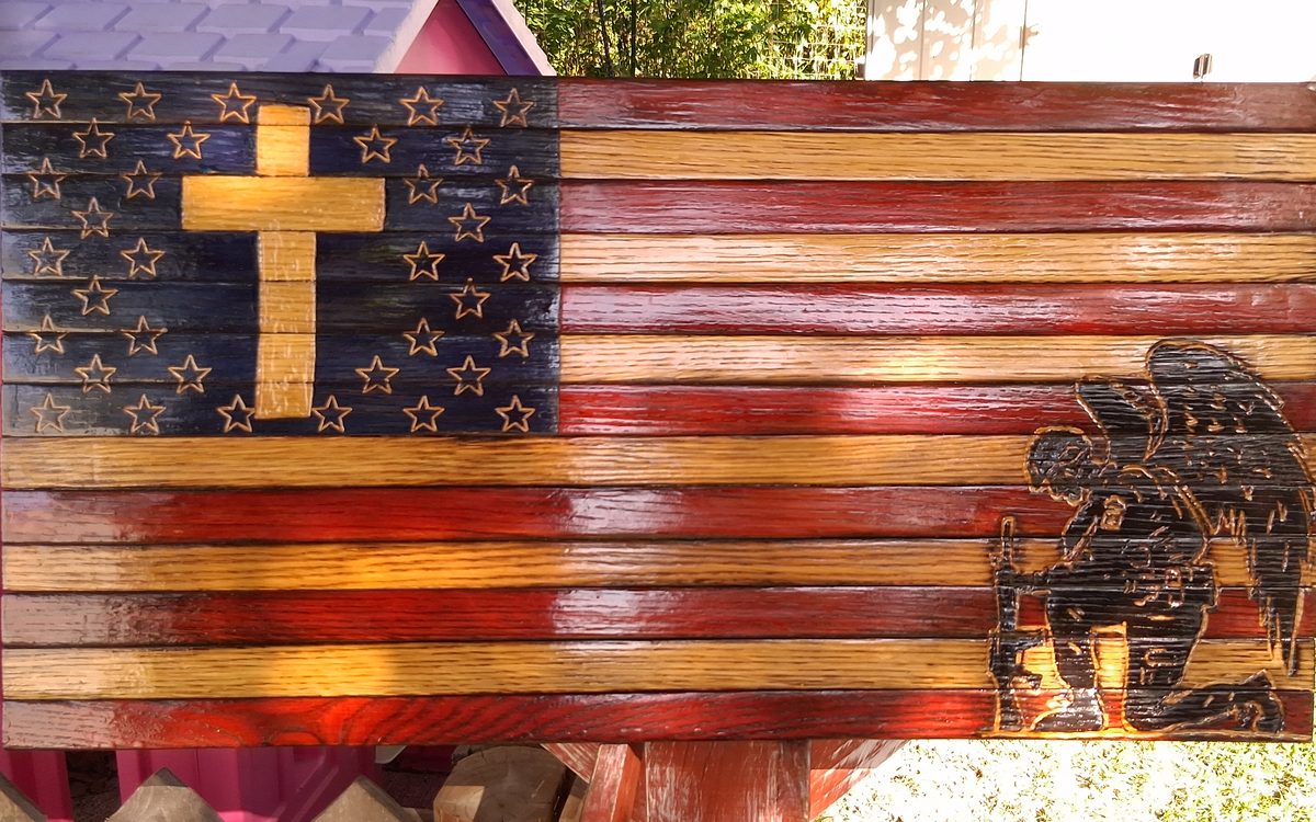 Wood flag with a natural cross in the stars and a Soldier's Faith verse